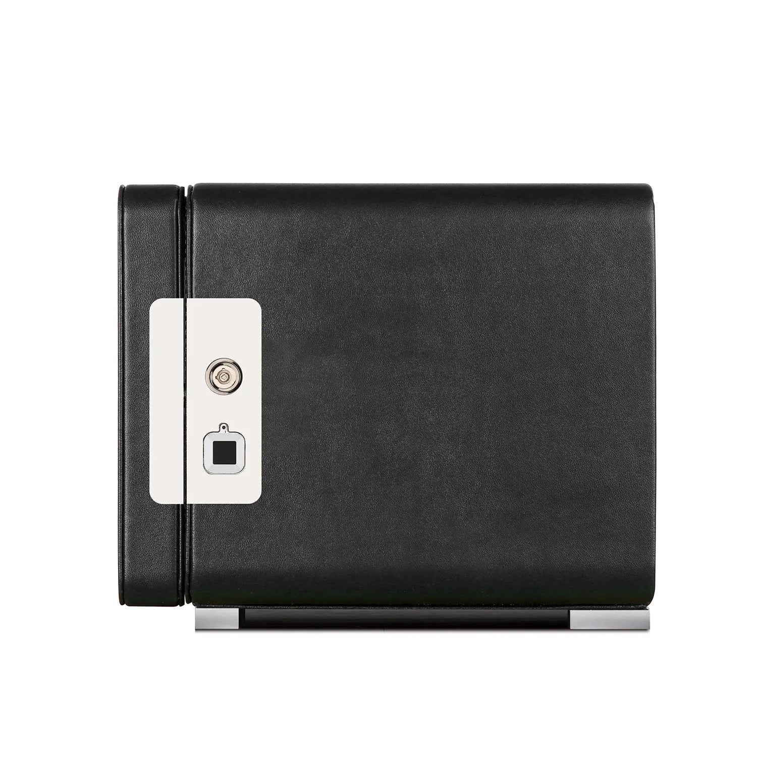 Aevitas 2-watch winder in black leather with a secure fingerprint scanner and key lock mechanism.