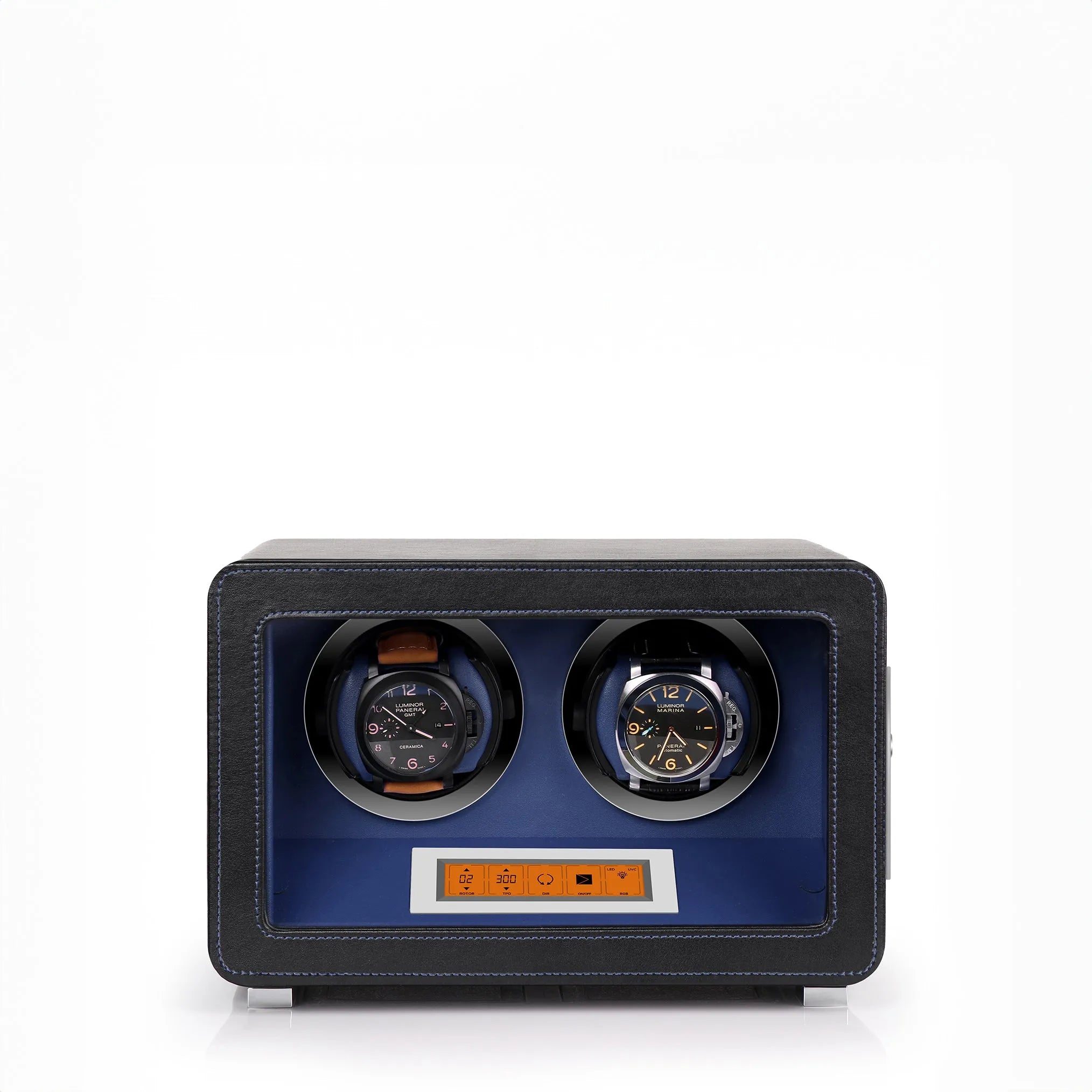 Aevitas 2-watch winder in black leather with blue interior, digital controls, and two automatic watches on display.