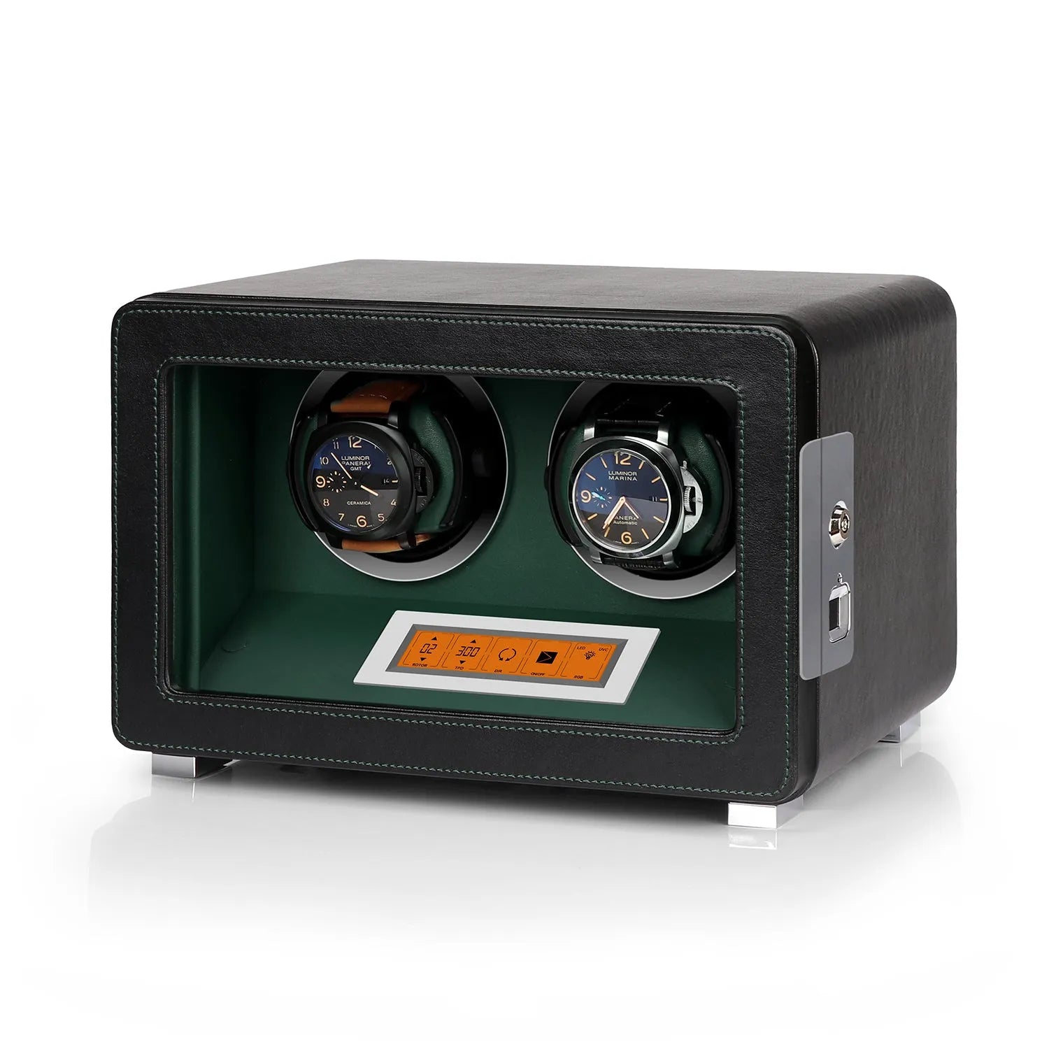 Aevitas 2-watch winder in black vegan leather with green interior, touchscreen display, and silver hardware.