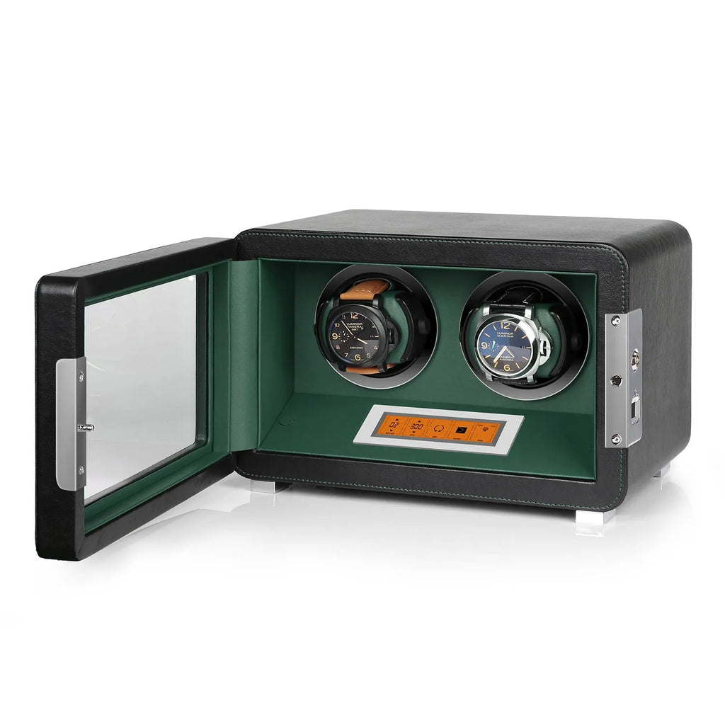 Aevitas 2-watch winder in black vegan leather with green lining, touch screen, and silver satin hardware.