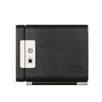 Aevitas black leather 2-watch winder with a silver fingerprint lock and key mechanism on a white background.