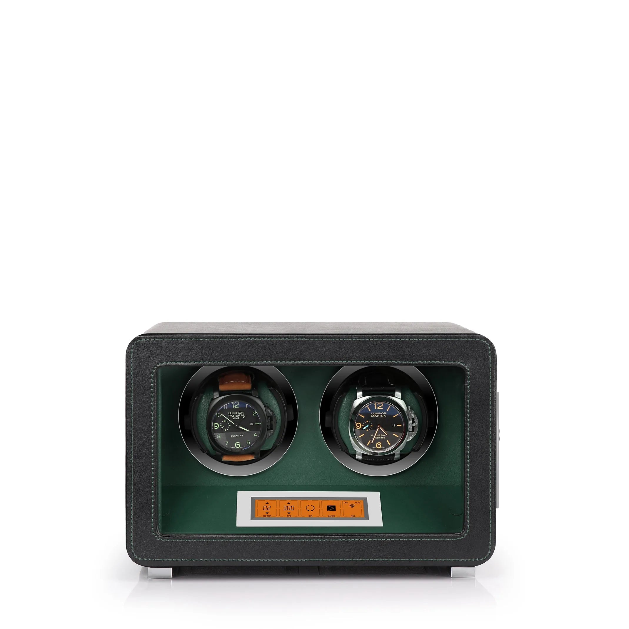 Aevitas 2-watch winder in black vegan leather with green interior, featuring a digital touchscreen and two automatic watches.