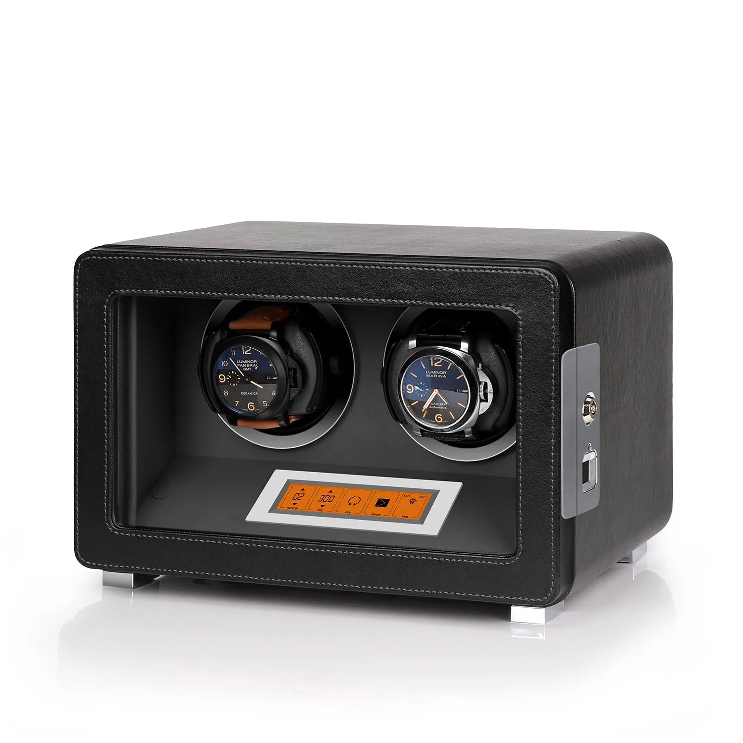 Aevitas premium 2-watch winder in black vegan leather with grey interior, touchscreen controls, and silver satin accents.