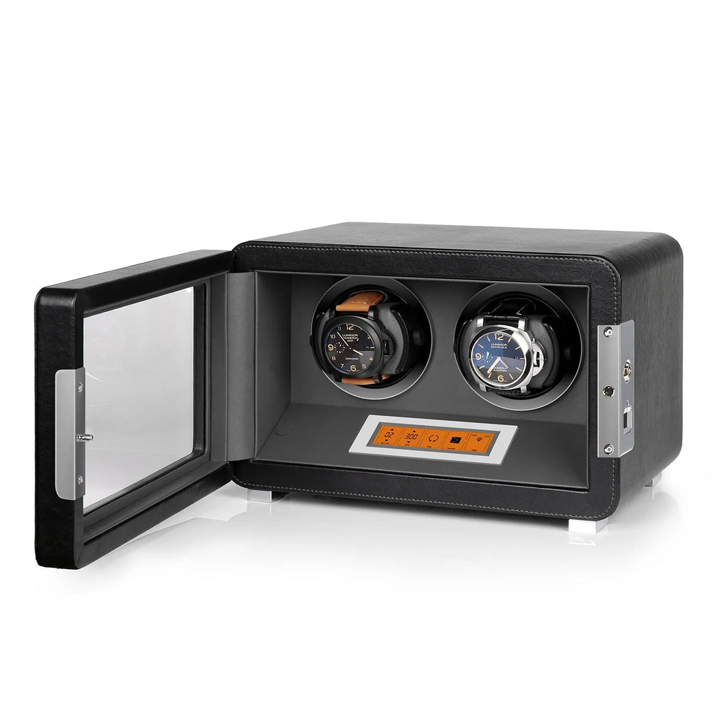 Aevitas 2-watch winder in black vegan leather with grey interior, touchscreen control, and silver satin accents.