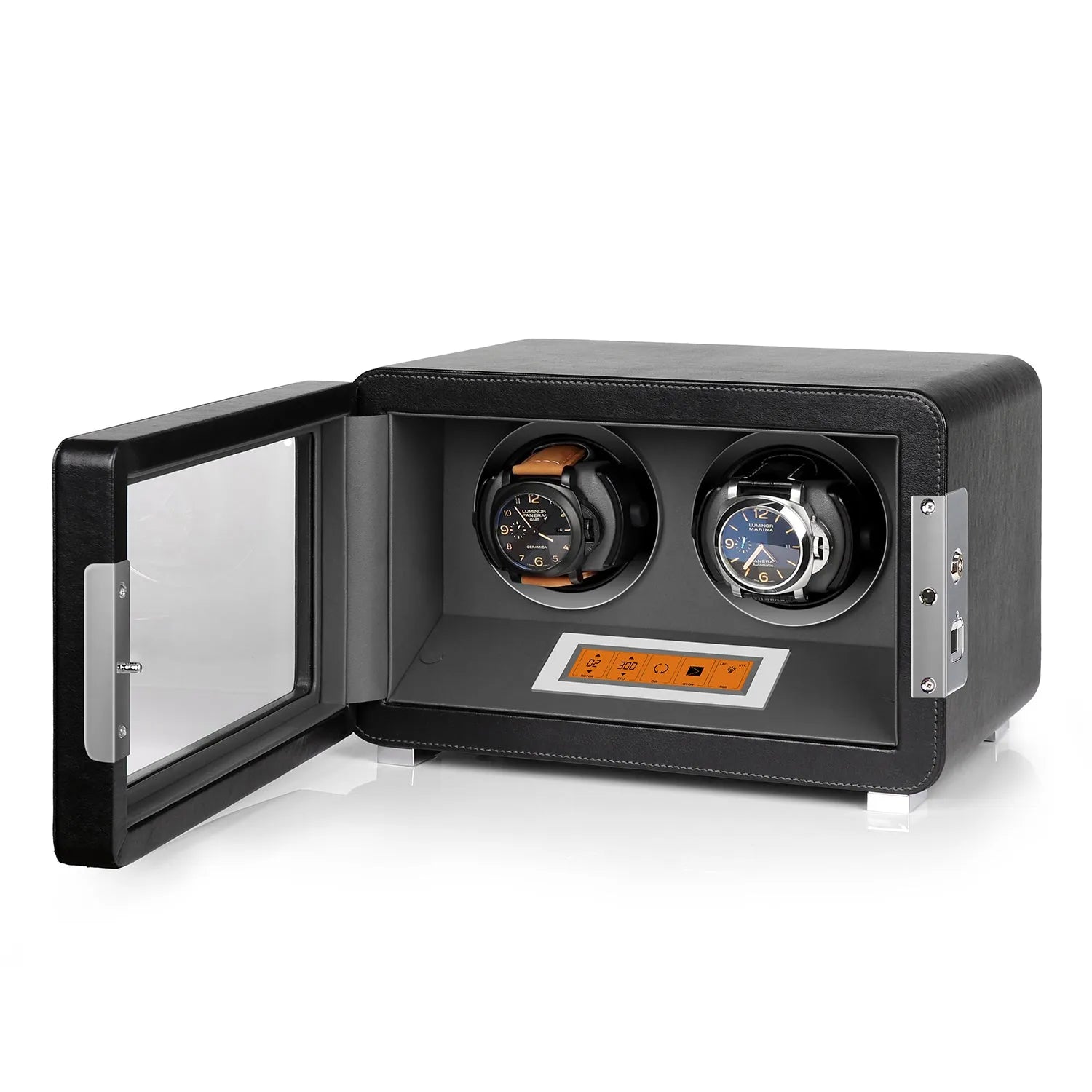Aevitas 2-watch winder in black vegan leather with grey interior, touchscreen control, and silver satin accents.