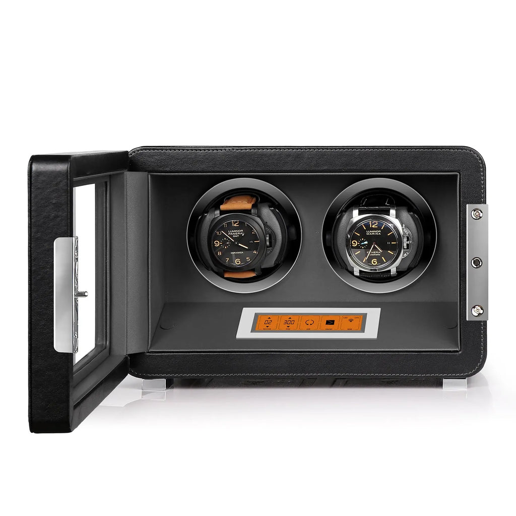 Aevitas 2-watch winder in black vegan leather with a grey interior, touchscreen control, and silver satin hardware.
