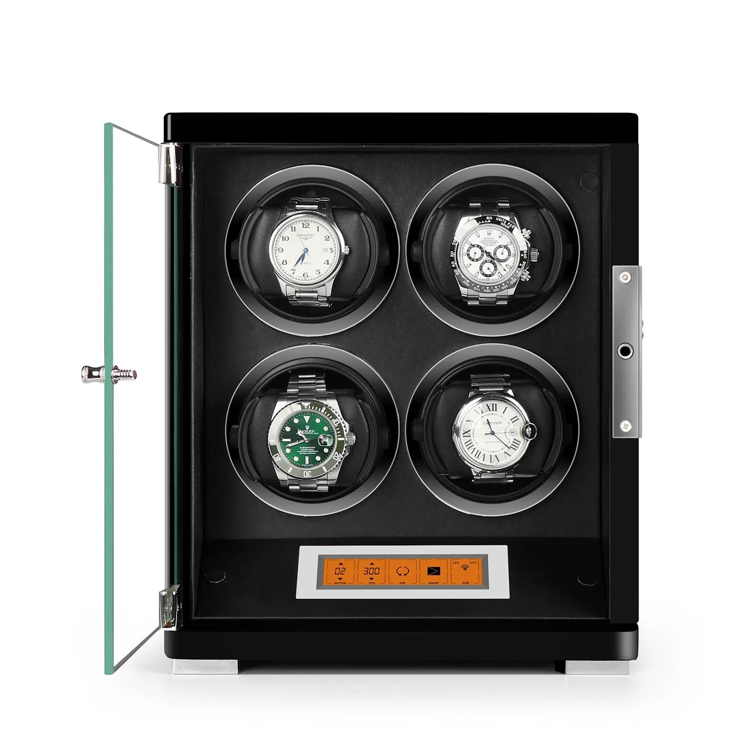 Aevitas 4 watch winder in piano black wood with glass door, black leather interior, and touchscreen.