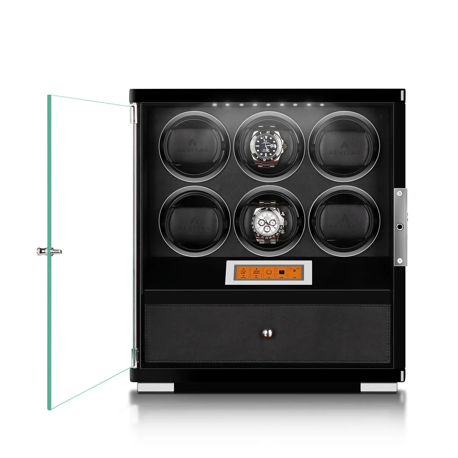 Aevitas 6 watch winder in piano black wood with glass door, touch screen, and storage drawer.