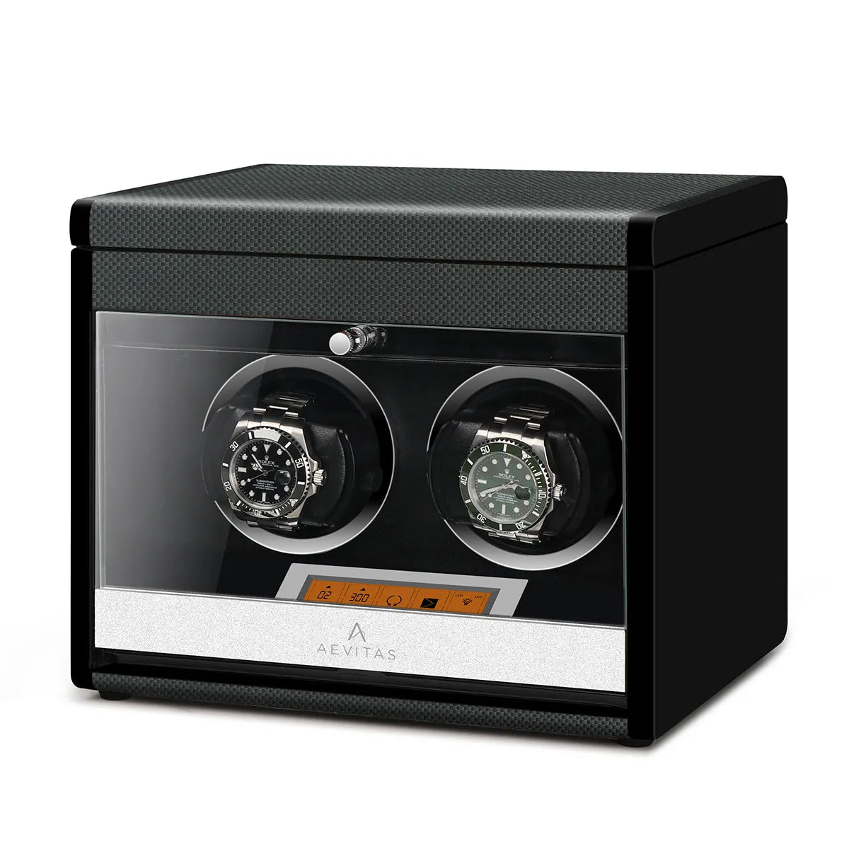 Aevitas 2 watch winder in carbon fibre finish with two watches and extra storage.