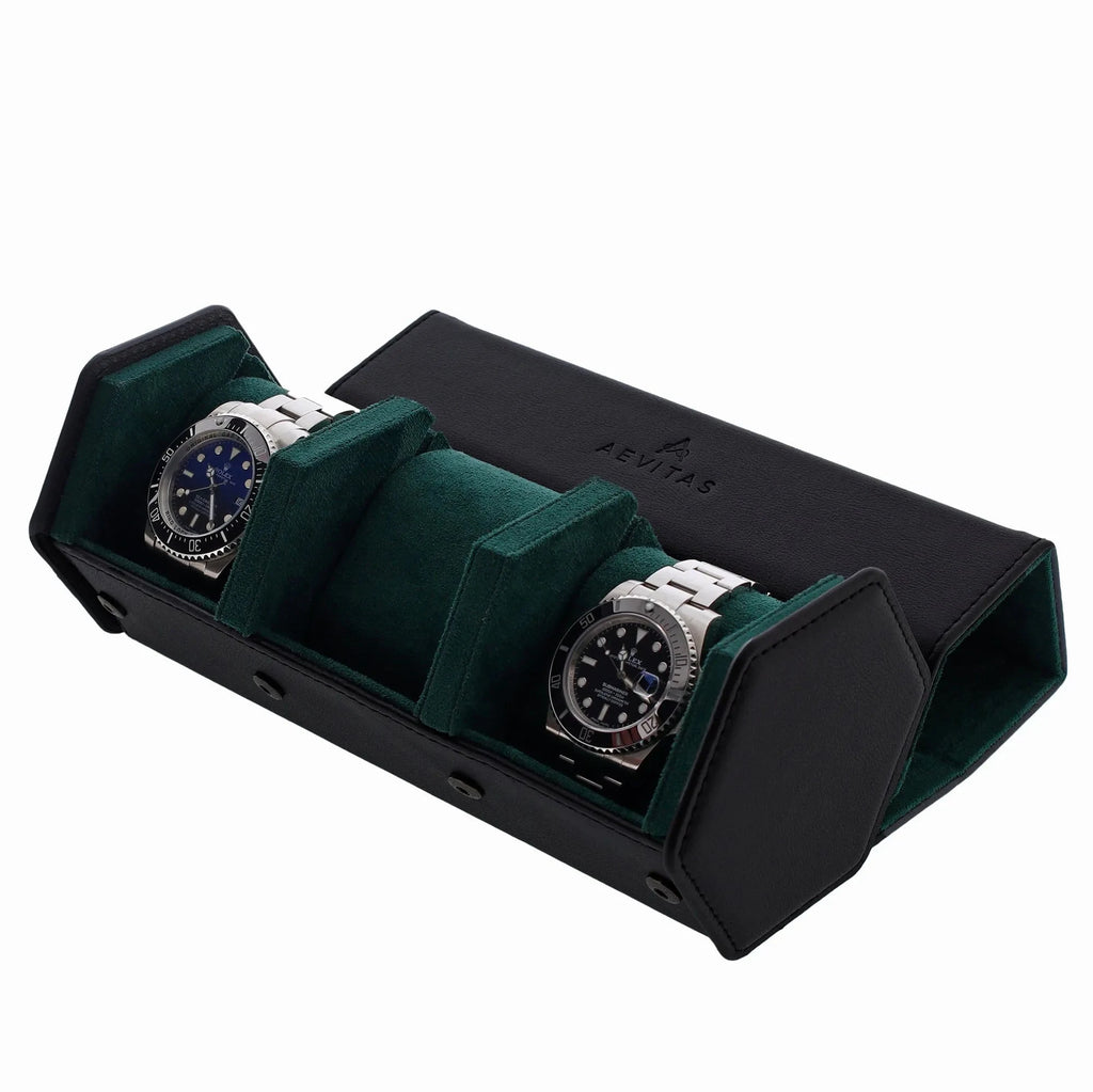 3 Watch Travel Case in Black Leather with Green Lining Hexagon Style