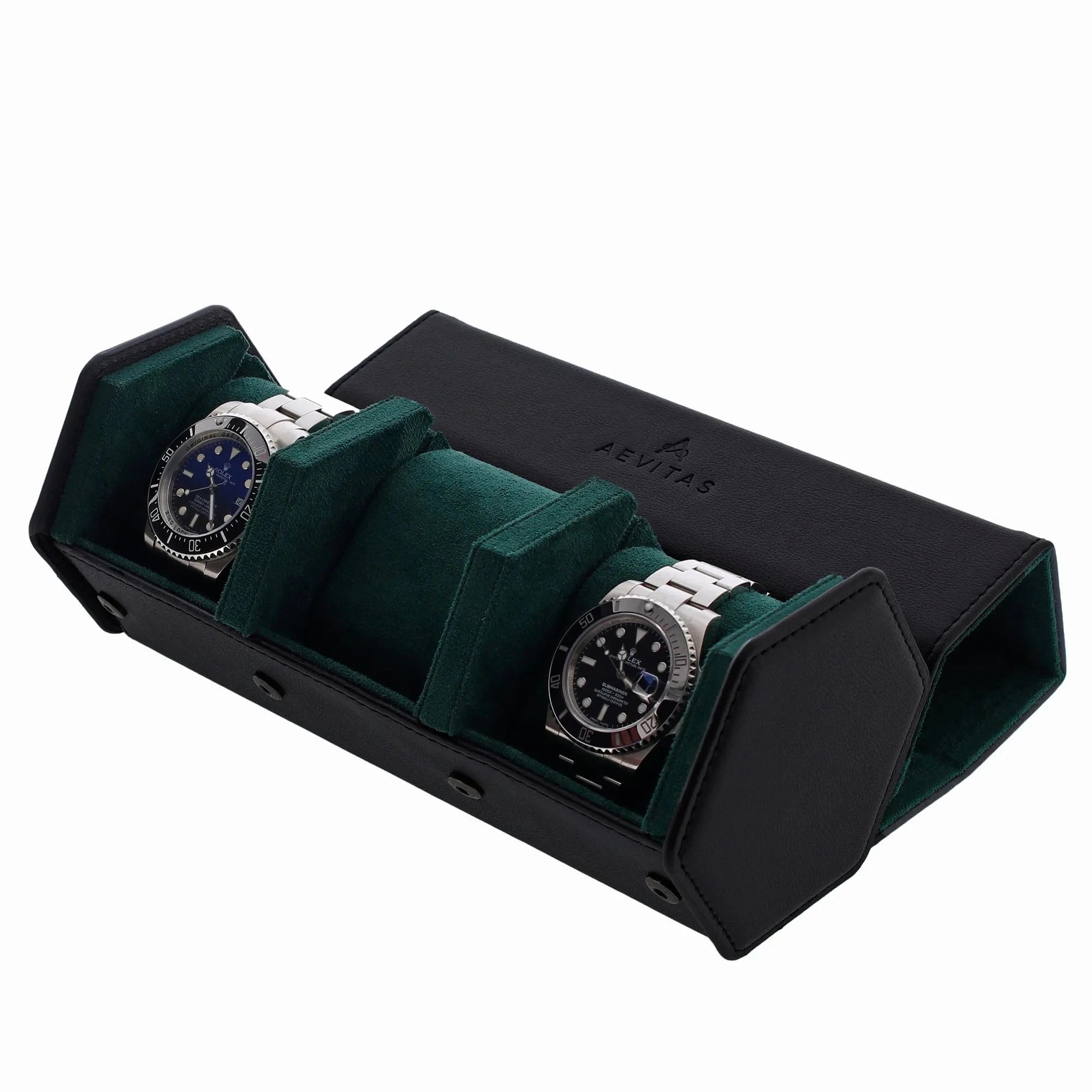 3 Watch Travel Case in Black Leather with Green Lining Hexagon Style