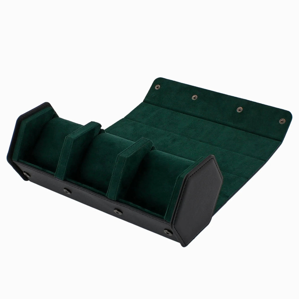 3 Watch Travel Case in Black Leather with Green Lining Hexagon Style