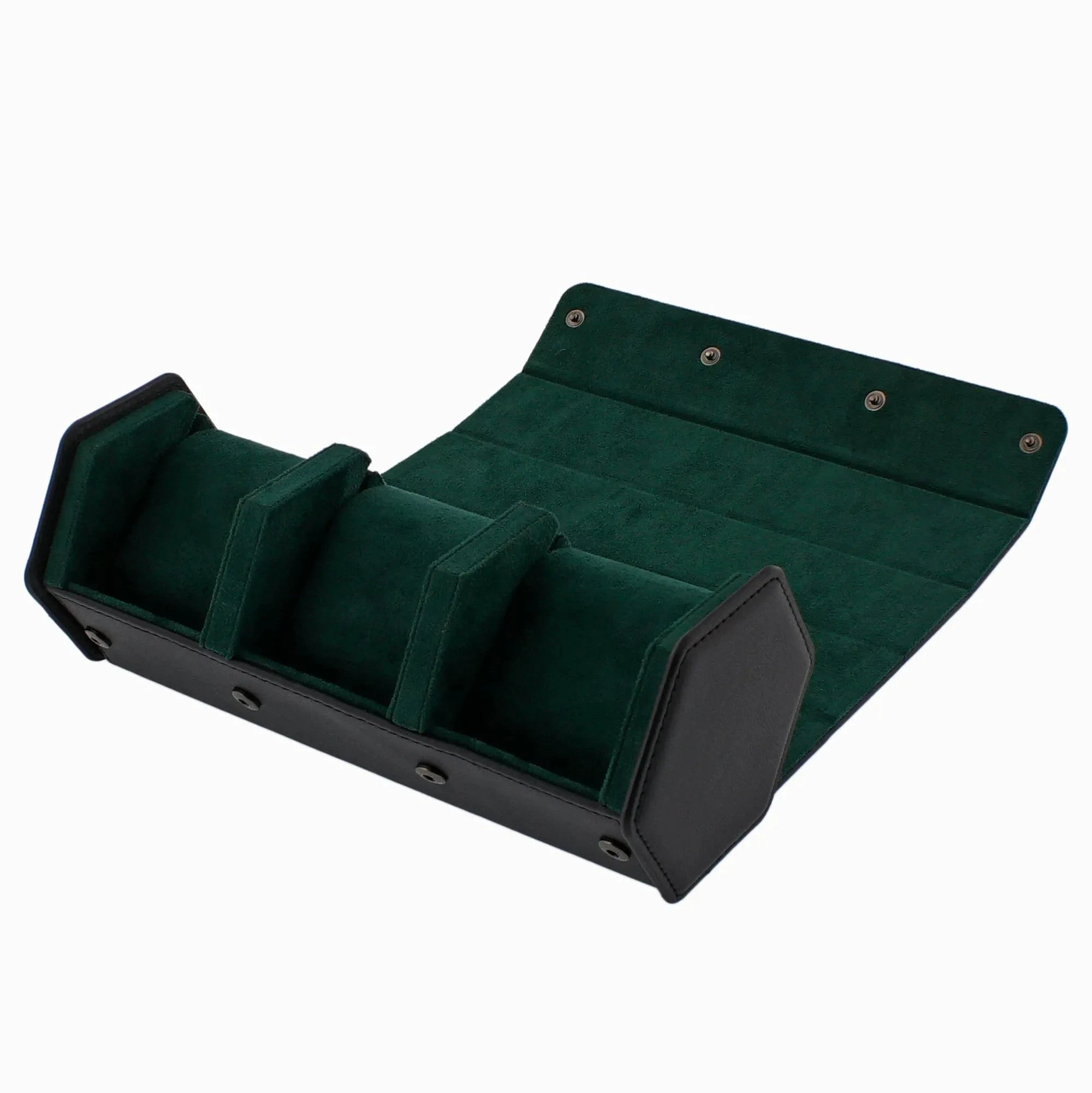 3 Watch Travel Case in Black Leather with Green Lining Hexagon Style