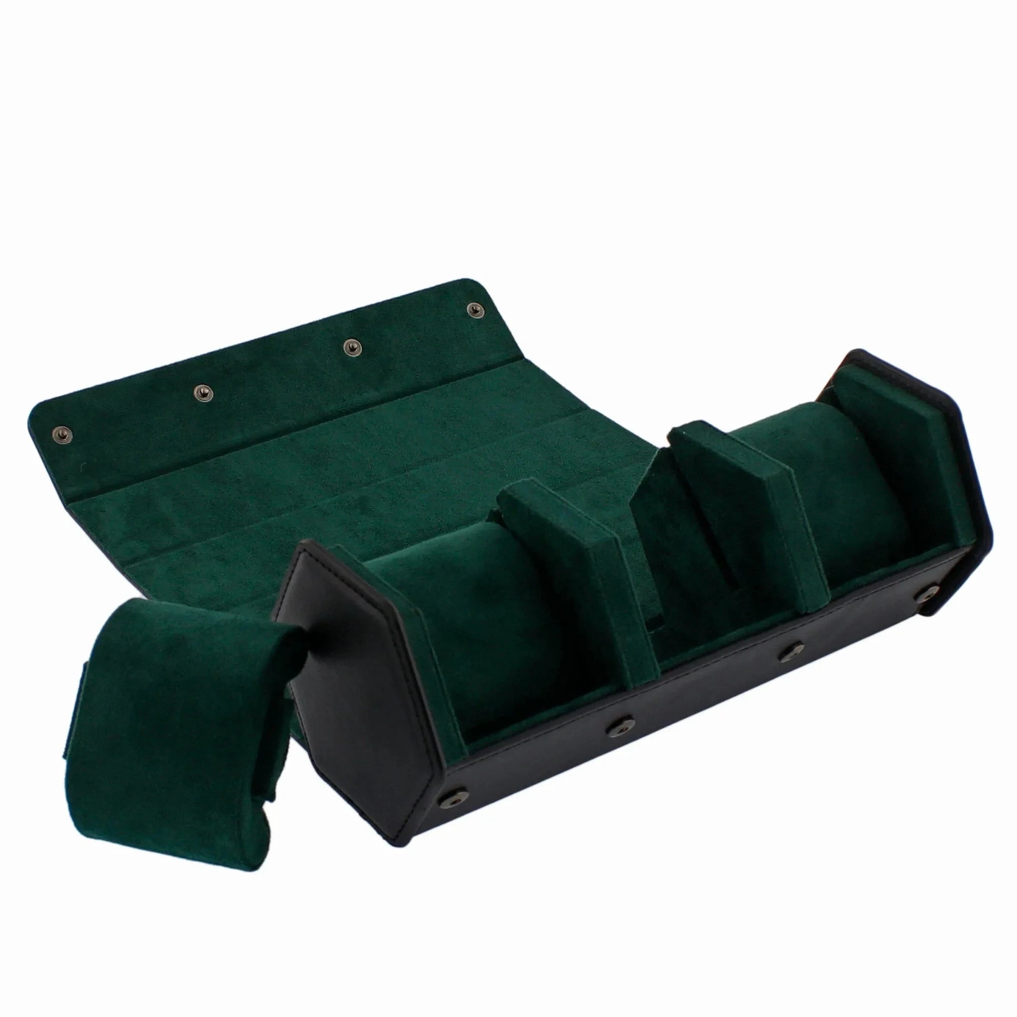 3 Watch Travel Case in Black Leather with Green Lining Hexagon Style