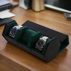3 Watch Travel Case in Black Leather with Green Lining Hexagon Style