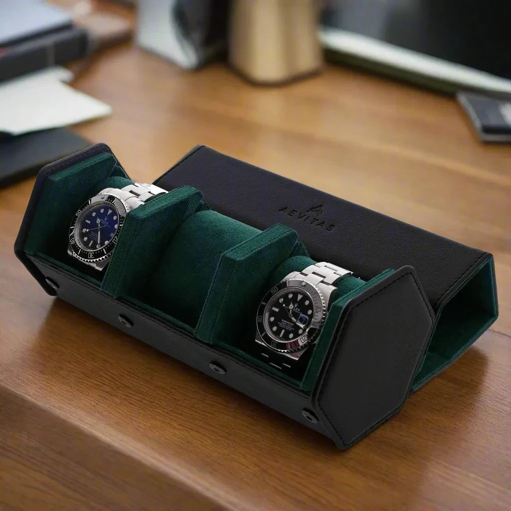 3 Watch Travel Case in Black Leather with Green Lining Hexagon Style