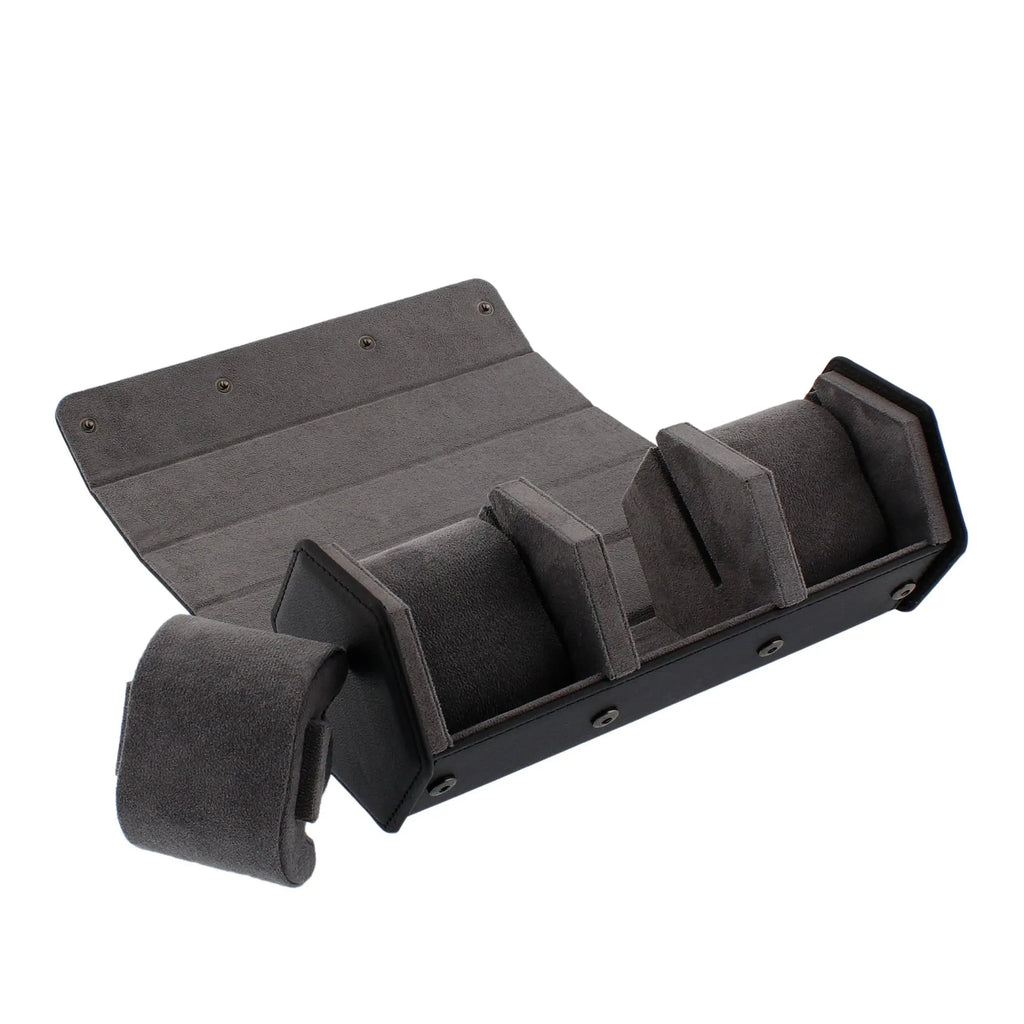 3 Watch Travel Case in Black Leather with Grey Lining Hexagon Style