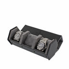 3 Watch Travel Case in Black Leather with Grey Lining Hexagon Style