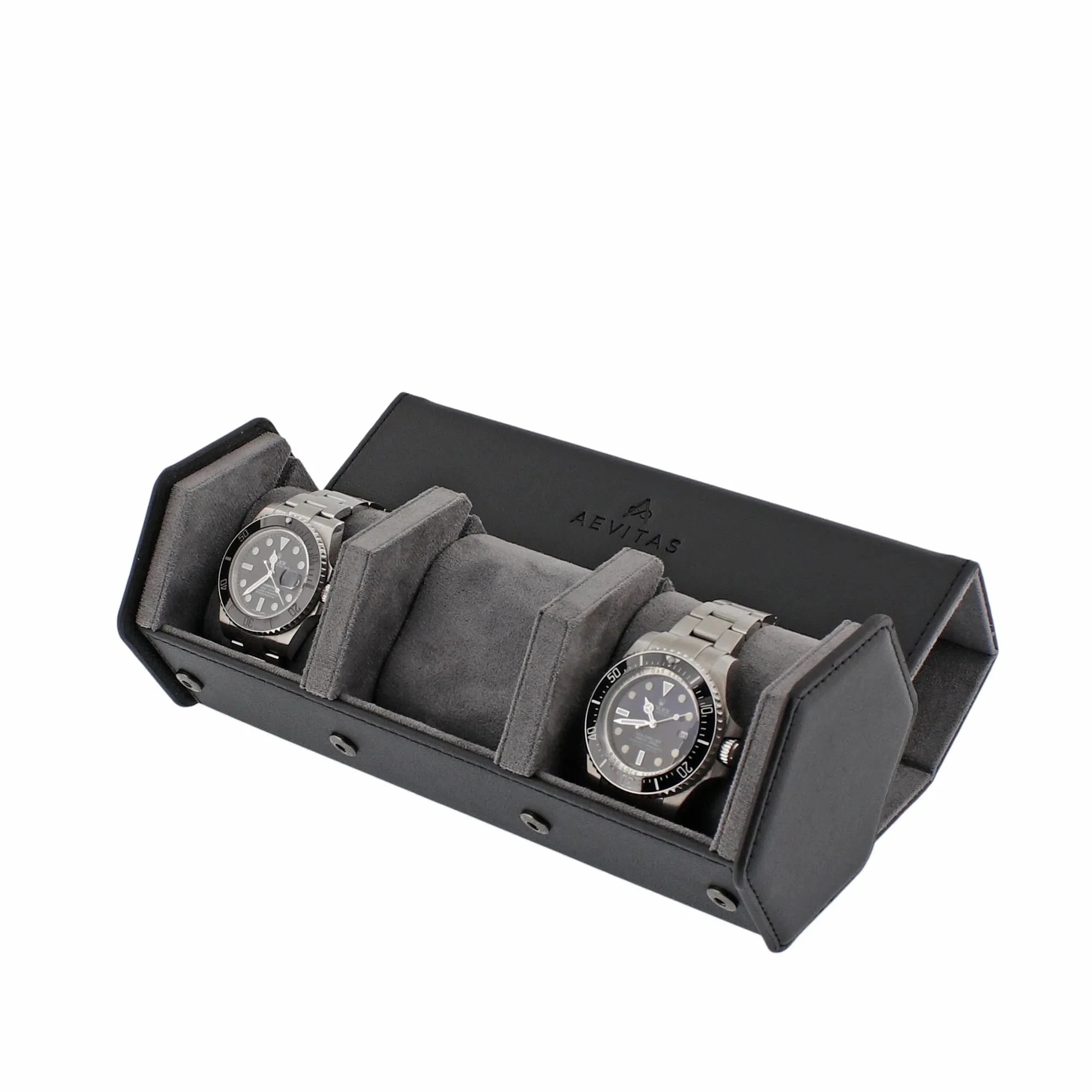 3 Watch Travel Case in Black Leather with Grey Lining Hexagon Style
