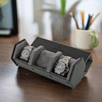 3 Watch Travel Case in Black Leather with Grey Lining Hexagon Style