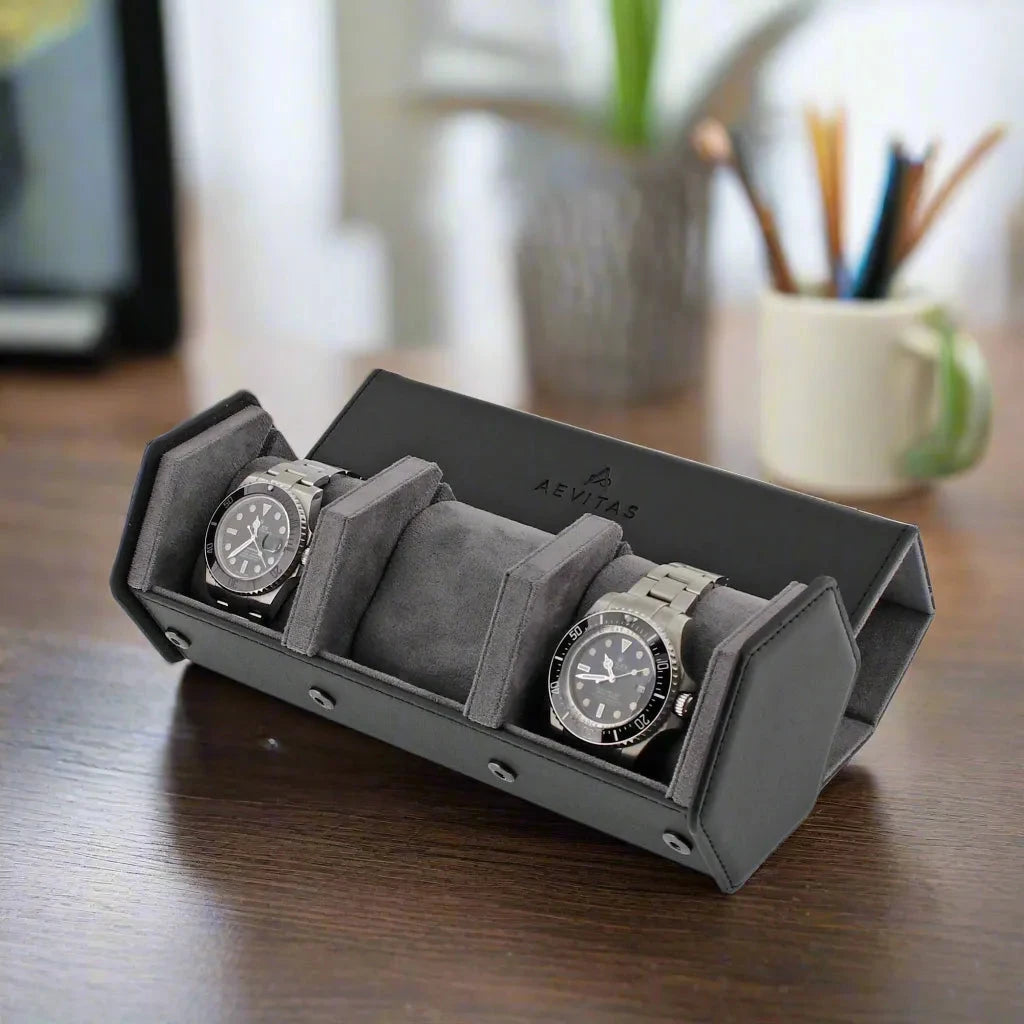 3 Watch Travel Case in Black Leather with Grey Lining Hexagon Style