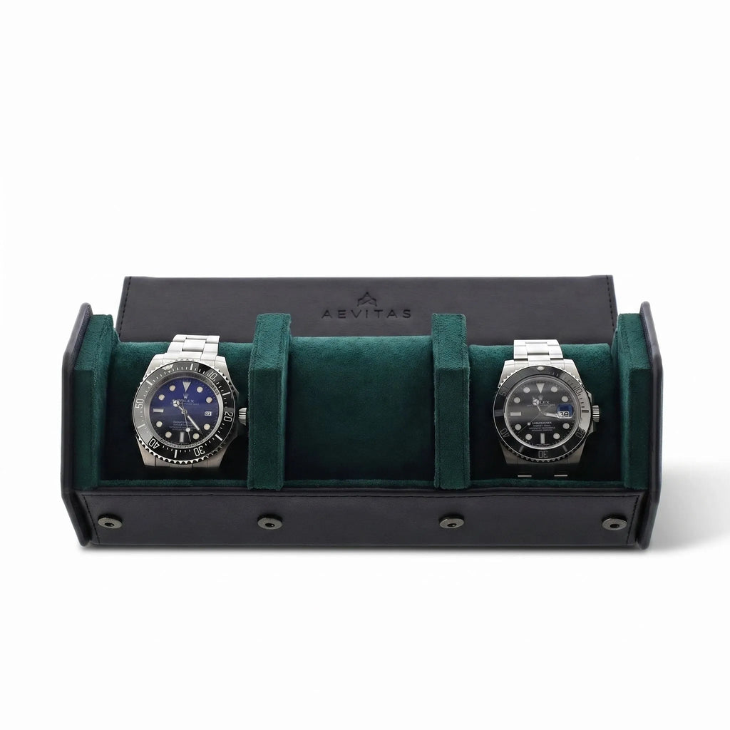Elegant 3 watch travel case in black vegan leather with green lining and hexagon pattern, designed for secure and stylish travel storage.