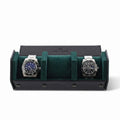 Elegant 3 watch travel case in black vegan leather with green lining and hexagon pattern, designed for secure and stylish travel storage.