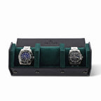 Elegant 3 watch travel case in black vegan leather with green lining and hexagon pattern, designed for secure and stylish travel storage.