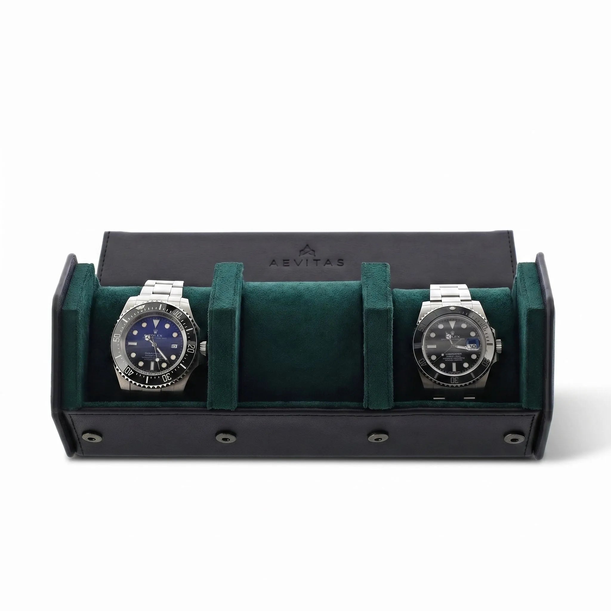 Elegant 3 watch travel case in black vegan leather with green lining and hexagon pattern, designed for secure and stylish travel storage.