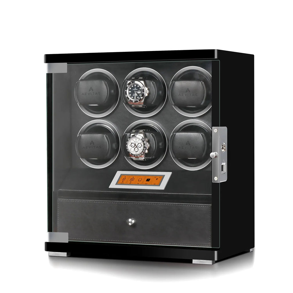 Aevitas 6 watch winder in piano black wood with glass door, storage drawer, and touchscreen.