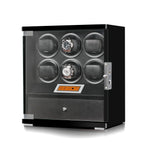 Aevitas 6 watch winder in piano black wood with glass door, storage drawer, and touchscreen.