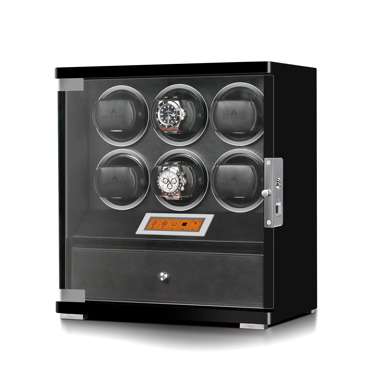 Aevitas 6 watch winder in piano black wood with glass door, storage drawer, and touchscreen.