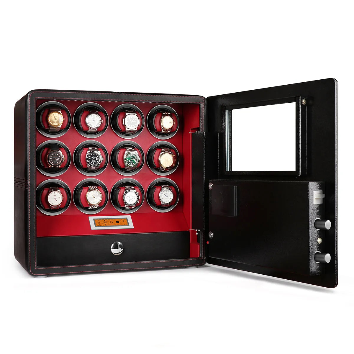 Aevitas luxury black leather safe with 12 watch winders, red interior, digital lock, and glass door.
