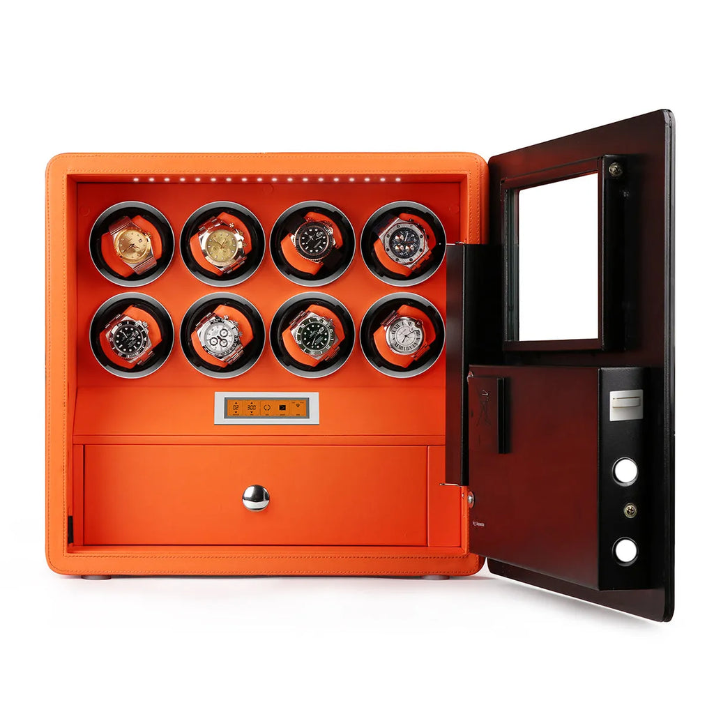 Watch Winder Safe in Orange Leather for 8 Watches by Aevitas