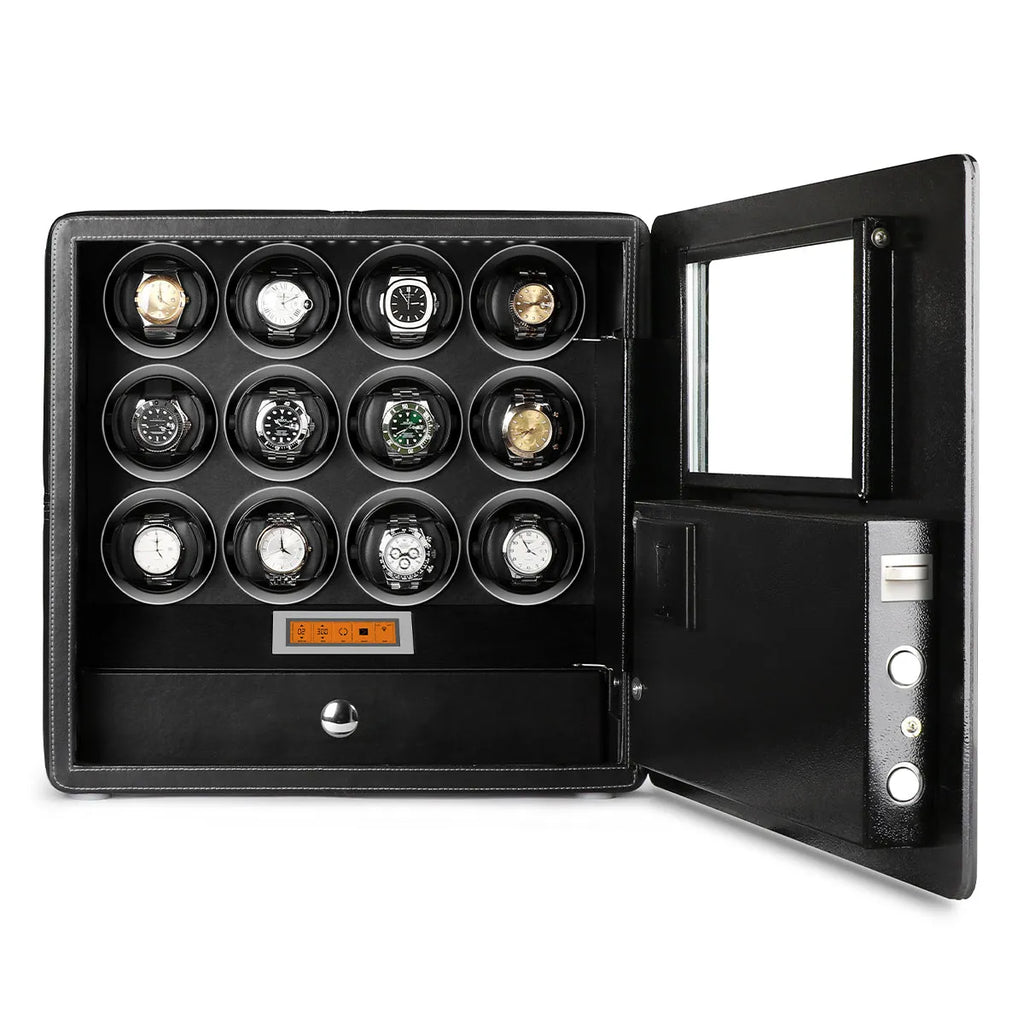 12 Watch Winder Safe Luxury Black Leather with Contrast Stitching by Aevitas