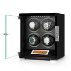 Aevitas 4 watch winder in piano black wood with glass door, black leather interior, and touchscreen.
