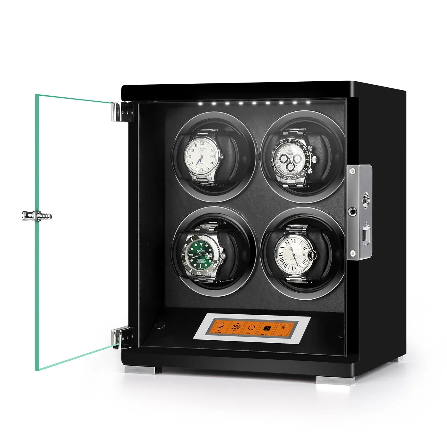Aevitas 4 watch winder in piano black wood with glass door, black leather interior, and touchscreen.