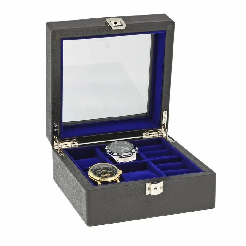 4 Cufflink 4 Watch Box Black Genuine Leather Blue Velvet Lining by Aevitas