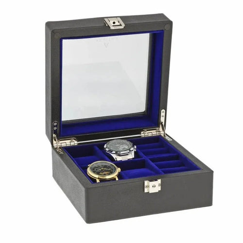 4 Cufflink 4 Watch Box Black Genuine Leather Blue Velvet Lining by Aevitas