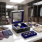 4 Watch Box Black Genuine Leather with 8 Cufflink Holders by Aevitas
