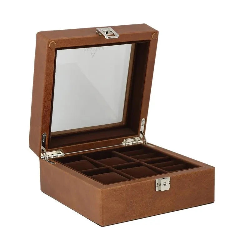 4 Watch Box and Cufflinks Brown Genuine Leather Velvet Brown Lining by Aevitas