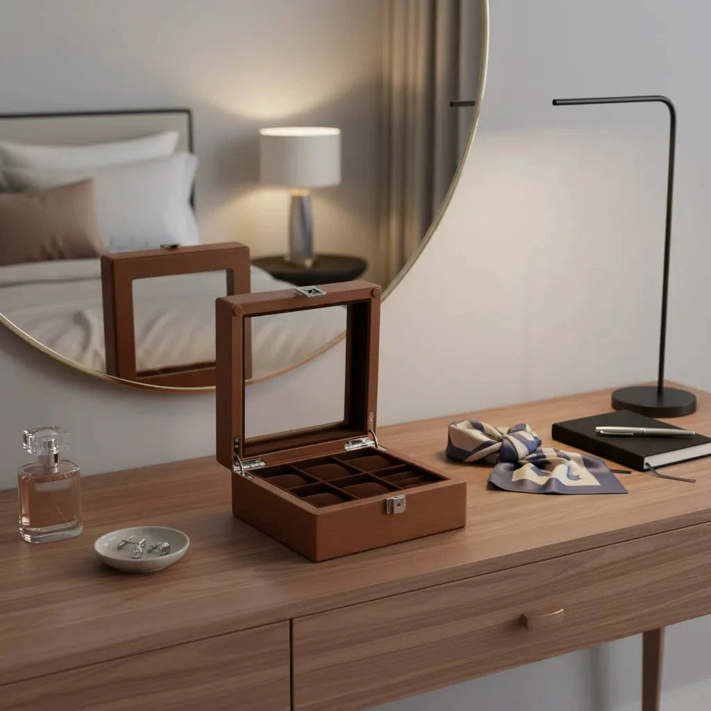 4 Watch Box and Cufflinks Brown Genuine Leather Velvet Brown Lining by Aevitas