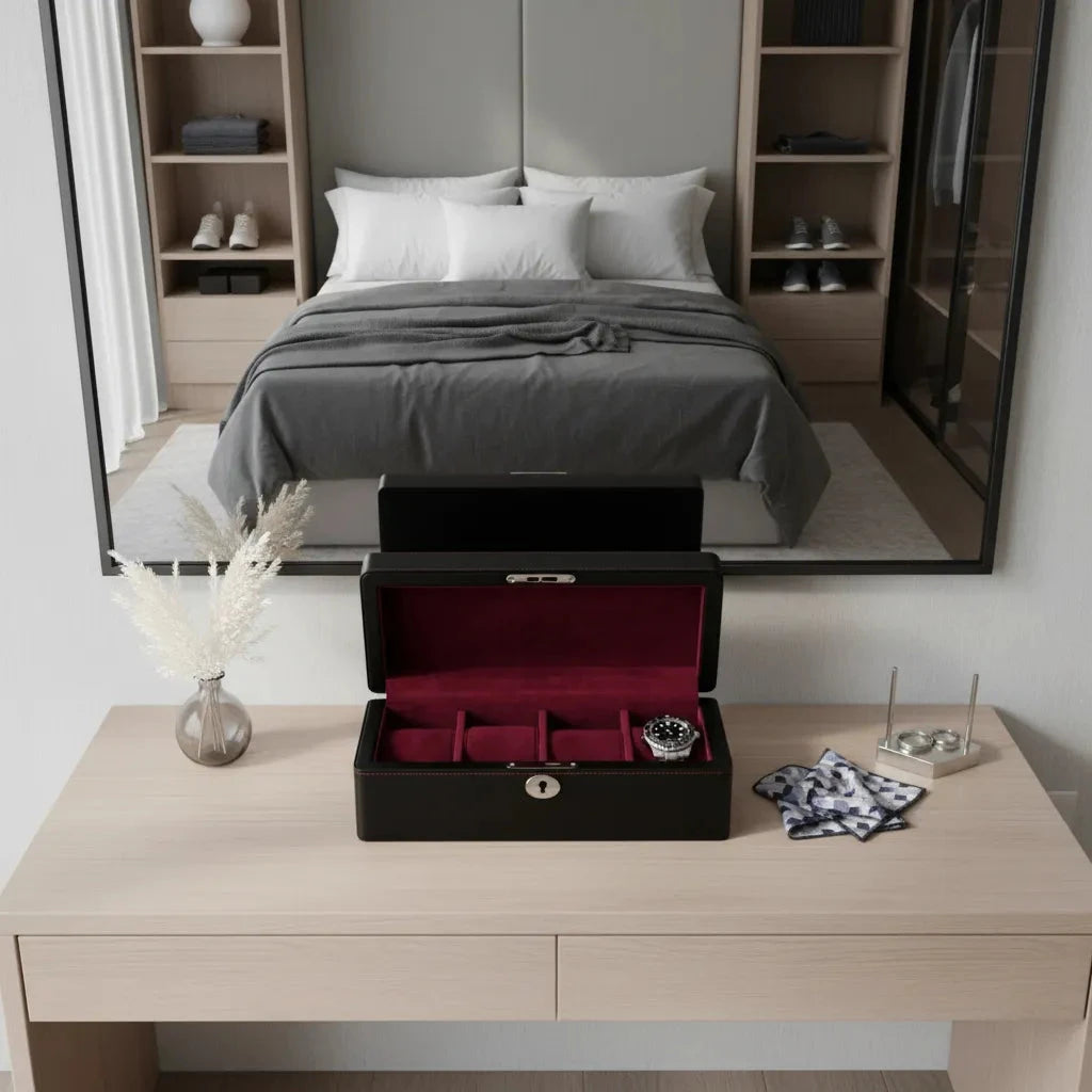 4 Watch Box in Black Leather Finish Fine Quality by Aevitas