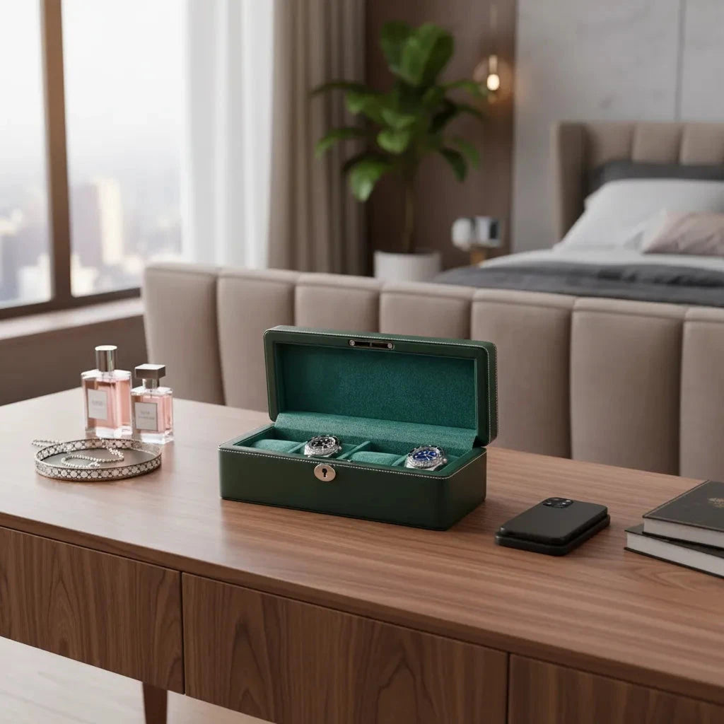 4 Watch Box in Green Leather Finish Fine Quality by Aevitas