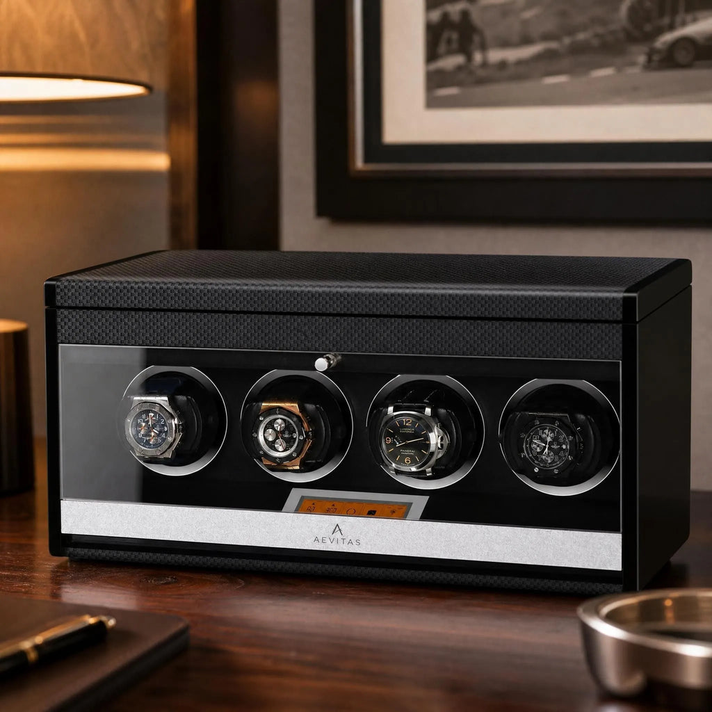 Full view of the 4 Watch Winder on a polished wooden surface in a well-lit, stylish room with open lid and storage compartment.