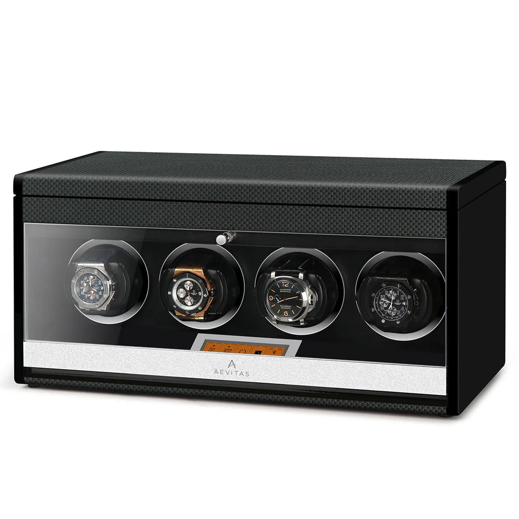 Aevitas 4 watch winder in black carbon fibre with clear display window and four watches.