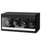 Aevitas 4 watch winder in black carbon fibre with clear display window and four watches.