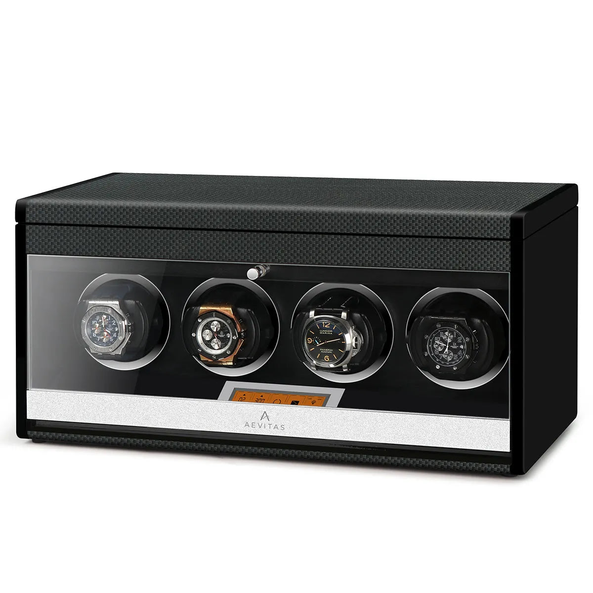 Aevitas 4 watch winder in black carbon fibre with clear display window and four watches.