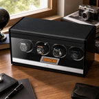 Close-up of 4 Watch Winder in carbon fibre with satin chrome parts, showing textured surface and interior LED lighting.