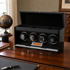4 Watch Winder placed on a wood surface in a room setting, showing size, design, and extra storage in an elegant environment.